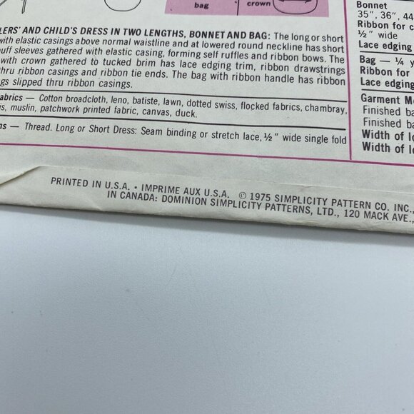 Simplicity 7275 Toddler's Dress in Two Lengths Bonnet & Bag Size 3 Vintage Cut - Picture 4 of 5